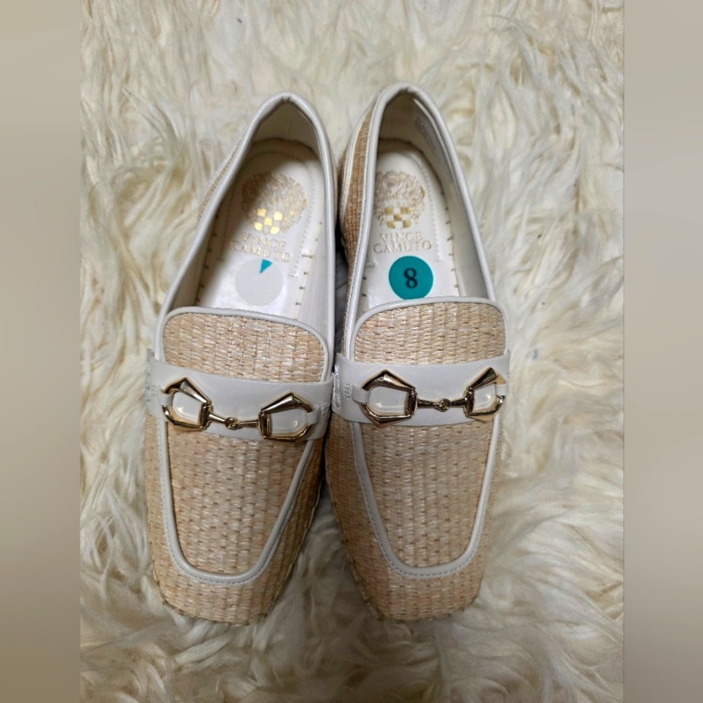 Vince Camuto Tan and White Loafers with Gold Accent